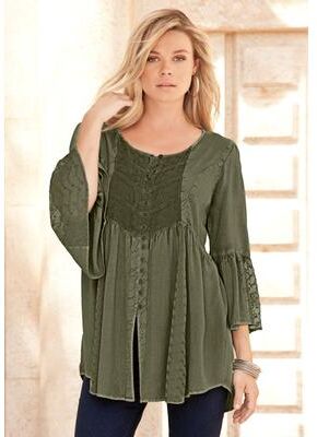 Plus Size Women's Taylor Acid Wash Big Shirt by Roaman's in Dark Olive Green (Size 24 W)
