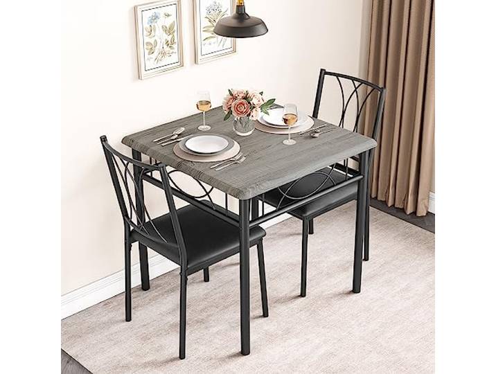 GarveeLife Platzsparend 3-teiliges Esstisch-Set für 2 Personen Quadratischer Holz-Esstisch mit Metallgestell und 2 gepolsterten Stühlen, für kleine Küchen & Wohnungen – rustikal