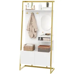 Kompaktgarderobe Weiß 180x78x38 cm mit Spiegel, Metallhaken und Schuhfach, Soft-Close-Türen, Offenes Regal für Dekor