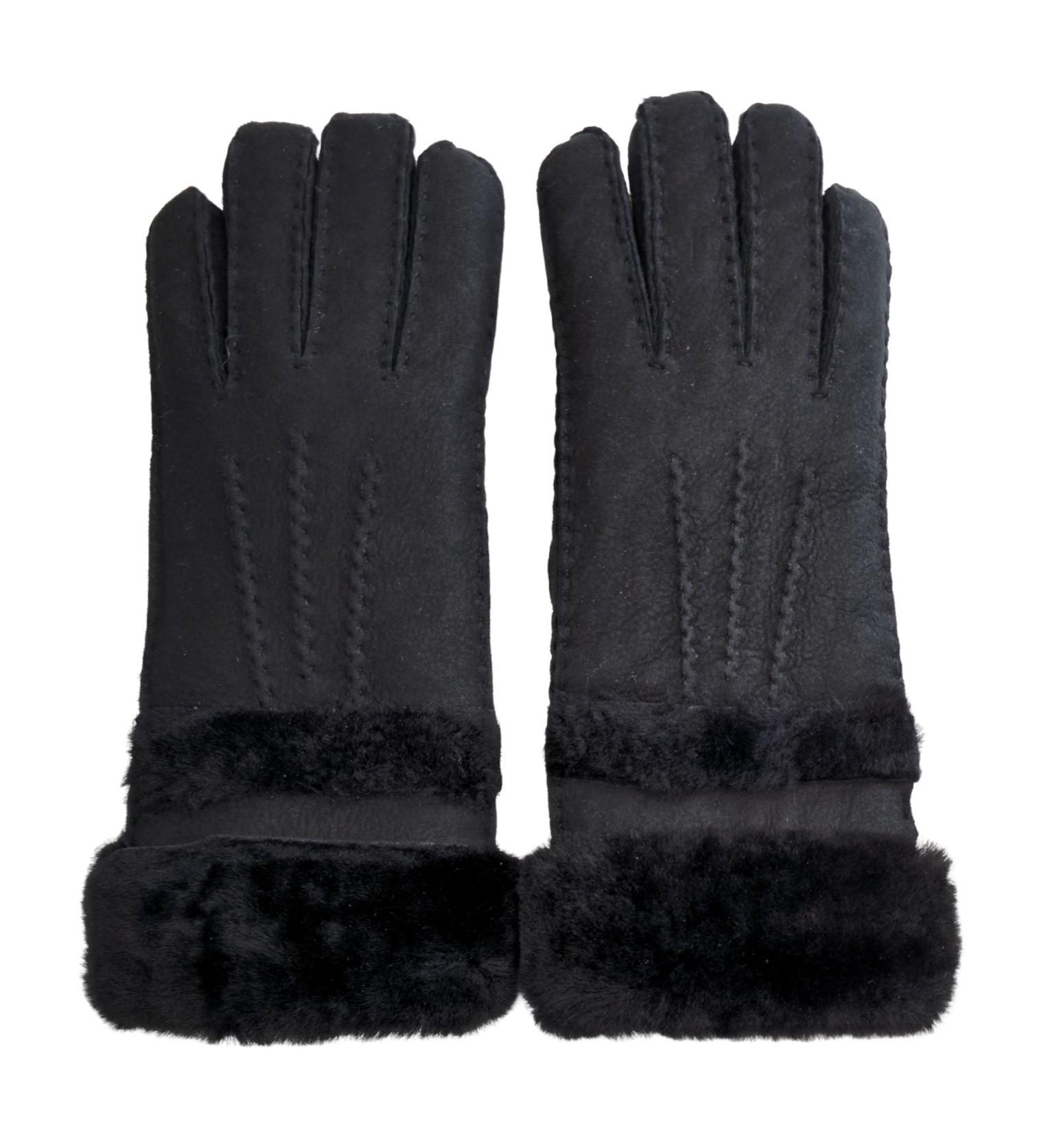 Dameshandschoenen van echt zwart schapenvachtsuède met oprolbare/neerwaartse manchet