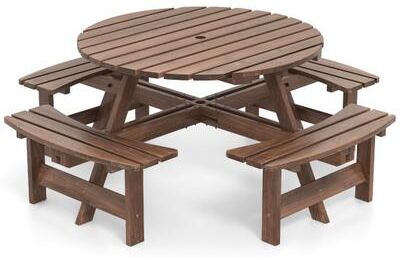 Costway 8-Person Round Picnic Table Set Circular Patio Dining Camping Table with Benches-Brown