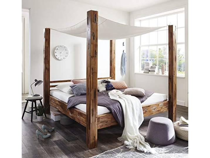 SAM Himmelbett 180x200 cm Ella, Natur-Holzbett aus Akazienholz, Unikat massives Holzbett, romantischer Landhausstil, pflegeleicht