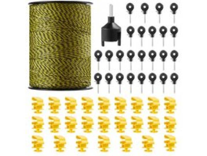 VEVOR Fil de Clôture Électrique, 500 m, Corde en Fibre PEHD Tissée et 6 Brins de Fil Acier Inox, Diamètre 3 mm, avec 25 Isolateurs de Clôture, 25 Isolateurs de Poteau T, pour Chevaux, Bovins, Bétail