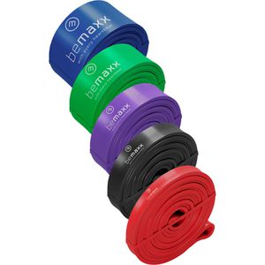 bemaxx Fitnessband Pull-Up Set, 1 m x 1,3 - 6 cm, 5 Widerstände & Farben, Loop aus Latex, Klimmzughilfe, 5 Stück