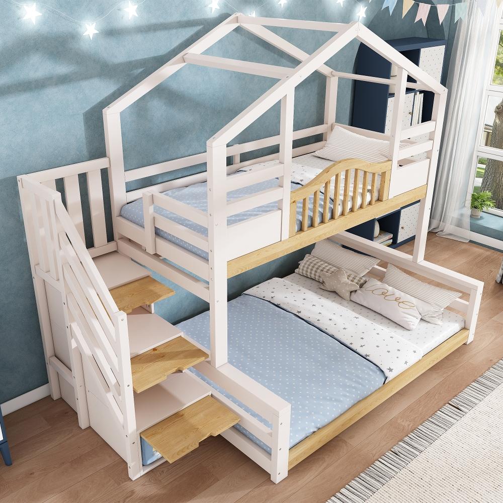 Etagenbett Kinder 90x200 oben 140x200 unten, Hausbett Etagenbett weiß mit Naturholz-Optik, mit Treppenschrank, Regalen und Lattenrosten