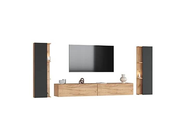Planetmöbel TV Wohnwand Wohnzimmer 2X 100 cm Gold Eiche / Anthrazit, mit 2x 40cm Seitenschränken Gold Eiche / Anthrazit