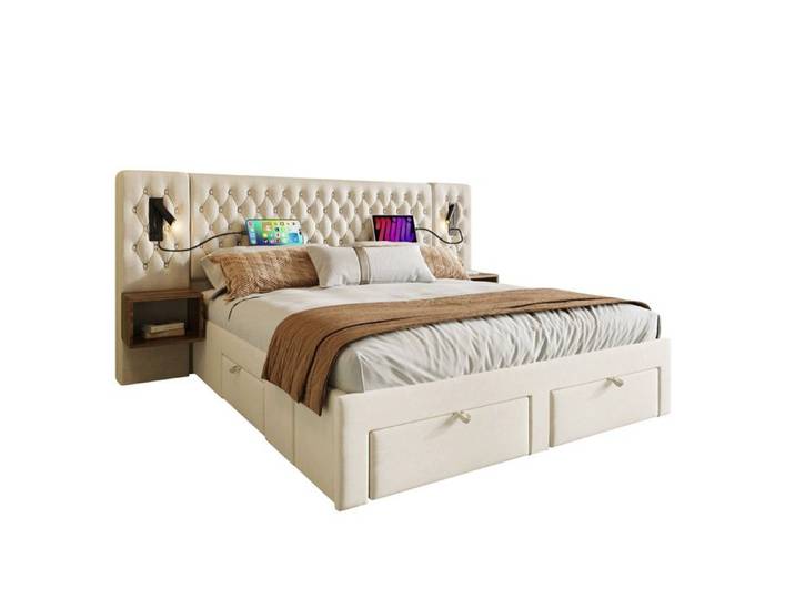 Bettanlage Schlafzimmer Komplett Set 160×200 cm Beige Samt mit 2 Nachttischen und 4 Schubladen