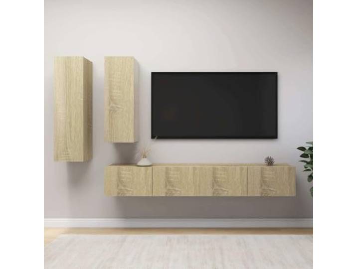 HEFZGDB 4-TLG. TV-Schrank-Set Sonoma-Eiche Holzwerkstoff Wandmontage mit großem Stauraum und Mehreren Fächern für Wohnzimmer Aufbewahrung