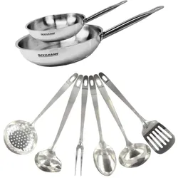 Set aus 2 Edelstahlpfannen 20 und 28 cm und 6 Edelstahlutensilien Fackelmann Eterna