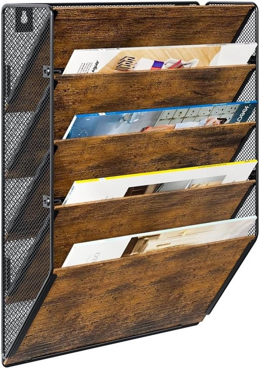 Houten Wandrek voor Documenten en Tijdschriften met 5 Lagen voor A4 Opslag