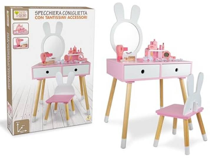 Teorema Giocattoli, Schminktisch für Mädchen, großer Schminktisch aus Holz mit Hasenmotiv, mit Hocker, Spiegel und Zubehör, Schminkspiegel für Kinderzimmer
