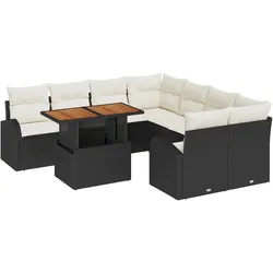 vidaXL 9-teiliges Garten Esstisch Set mit Kissen Schwarz Poly Rattan Akazie