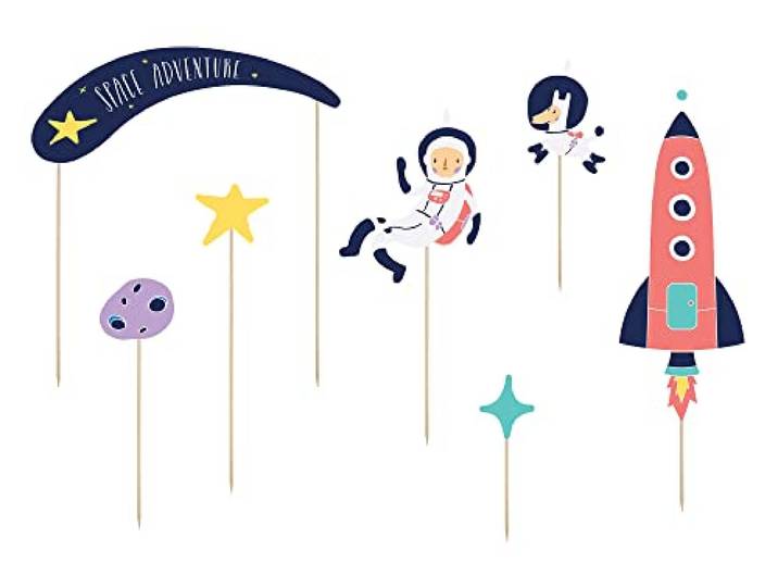 PartyDeco 7 taartopzetstukken Space Adventure op picks voor feestjes thema ruimte