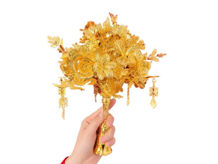 Bouquet doré pour mariée, cadeau pour éventail de mariage chinois