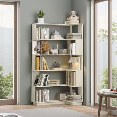 ZWYO HOSIMU "64.6"" Tall L-Shaped Corner Bookshelf with Anti-Tip & Anti-Drop Design, Open Display Cabinet for Living Room Study.."