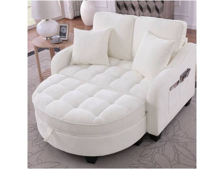 MEUVYX Canapé Convertible 1 Place avec Pouf de Rangement Mobile et Accoudoirs en Chenille Beige