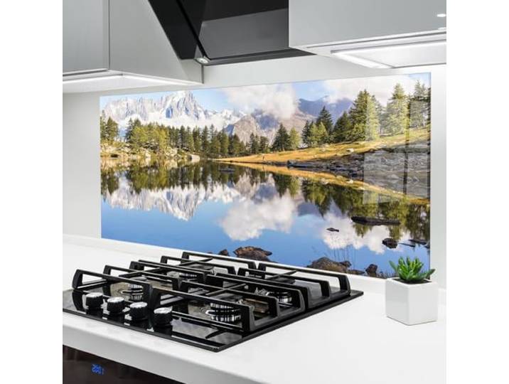 ARTHUB® Küchenrückwand aus Glas 60x150 cm, 4mm ESG Spritzschutz, Glasplatte, Herdspritzschutz, Wandschutz für Herd, Hartglas, Landschaften, Seen, Mountain Reflection