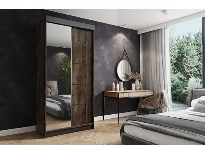KIER FURNITURE Schiebegarderobe - Schrank Schlafzimmer – Schlafzimmerschrank – Wardrobe Bedroom – Kleiderschränke – Kleiderschrank Esche Dunkel – 100x200x62