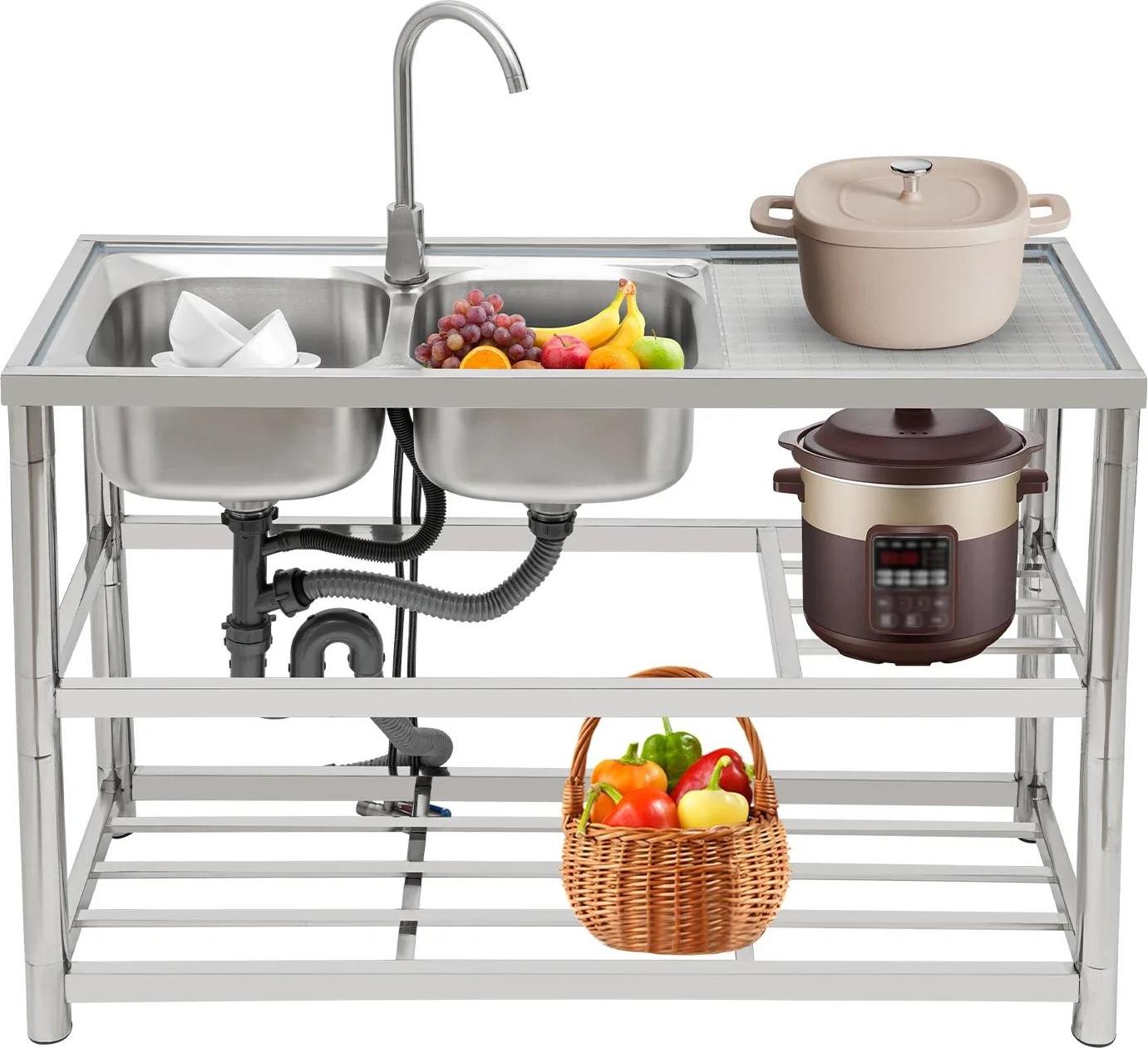 Freistehender Spülschrank aus Edelstahl - Doppelbecken - 33×33×18 cm - 360° Armatur - 4 Löcher - Gewerblich - Silber