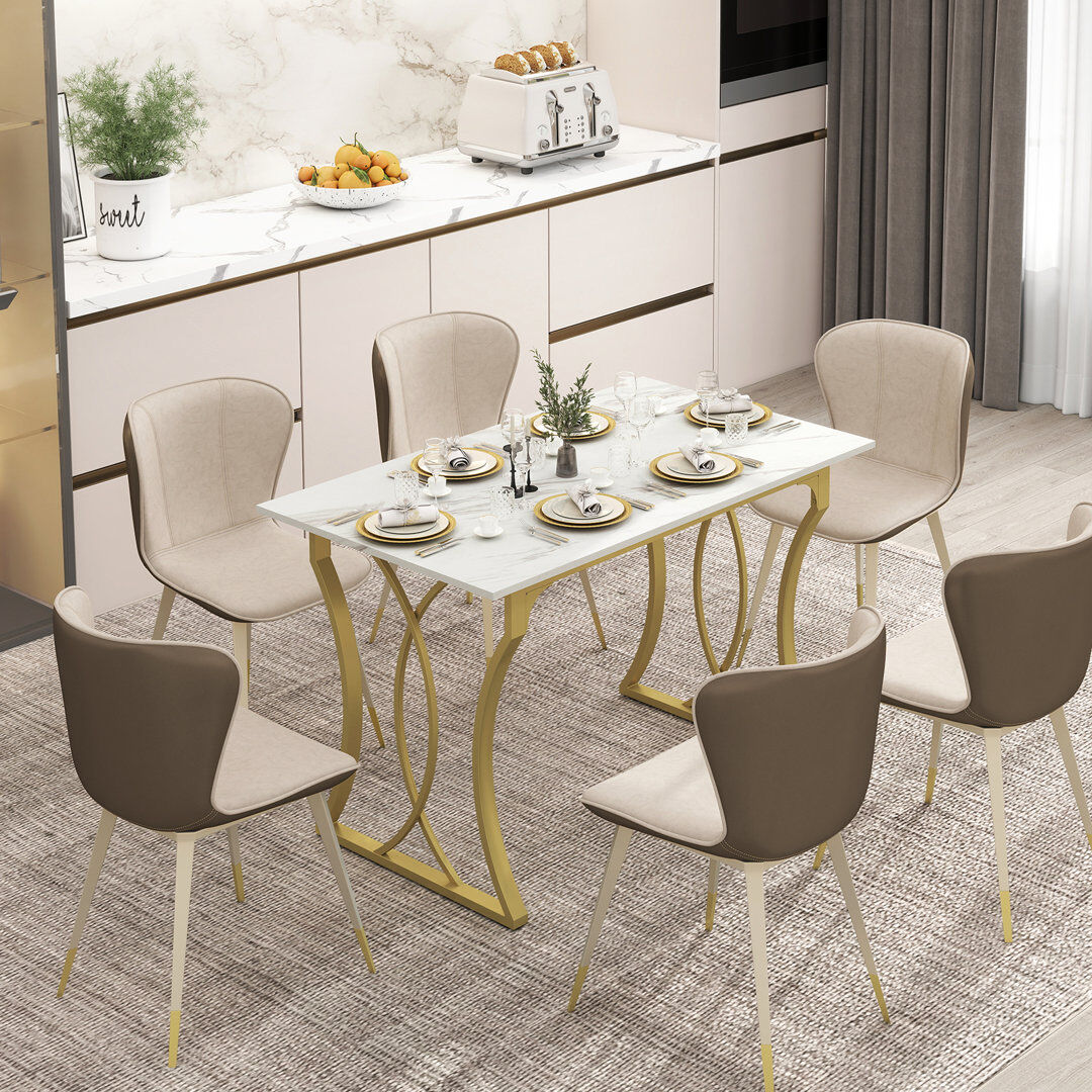 Canora Grey 20cm Dining Table for 2-6 People, Marble Wooden Kitchen Desk with Abnormal Metal Legs, White & Gold White