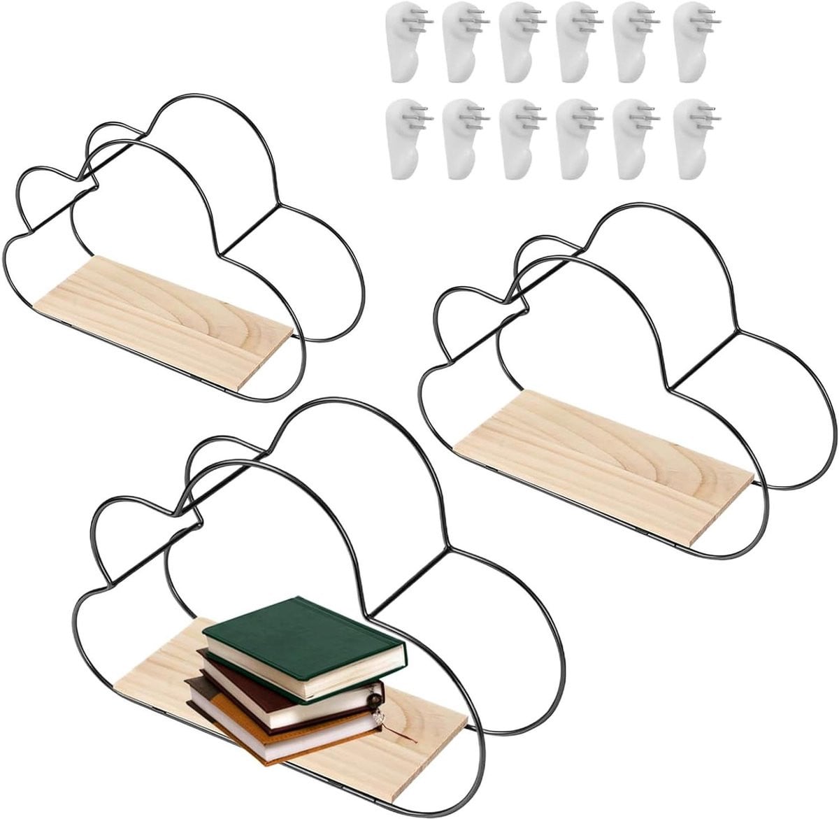 3-delige Zwevende Wandplanken Wolk - Zwart