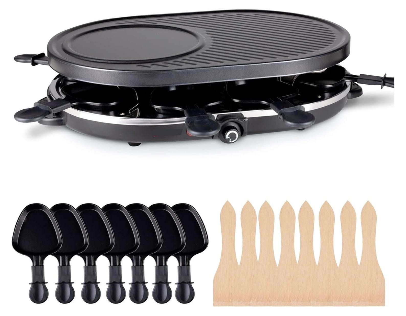 Raclette grillset voor 8 personen - Ovaal model met grillplaat en crêpefunctie - Tafelgrill inclusief pannetjes en spatel