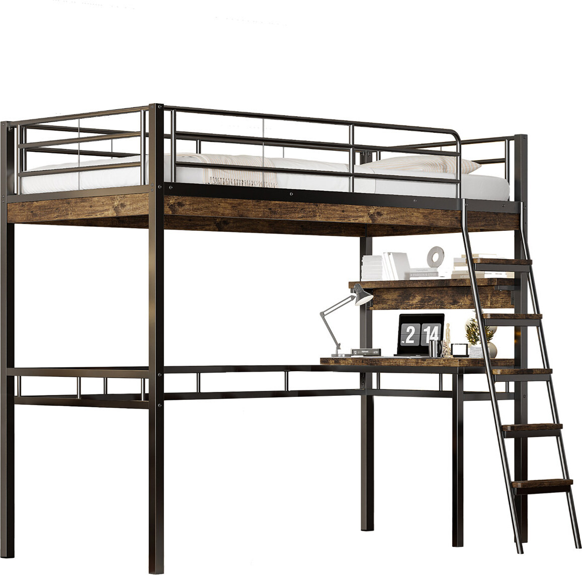 Hochbett,kinderbett mit Schreibtisch, Regale, Geländer, Leiter, Eisenrahmen