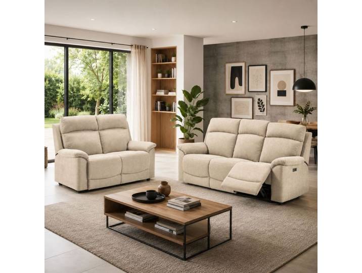Ensemble Canapés 3P relax élec + 2P fixe tissu Waterproof ivoire - BRIANA
