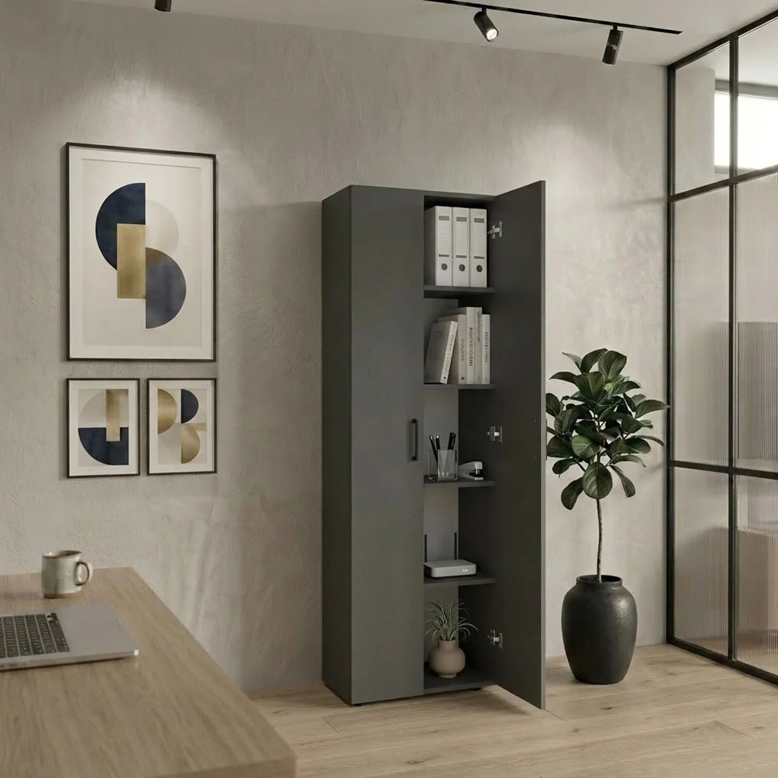 garneroarredamenti Mobile multiuso 49x178h cm moderno ufficio 2 ante 5 ripiani antracite Arkiva