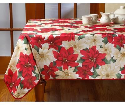 Violet Linen Holiday Christmas Poinsettia Floral Pattern Tablecloth