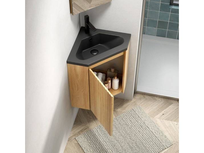 Meuble sous-vasque d'angle 38 cm avec vasque intégrée en résine noir mat Maisentiel