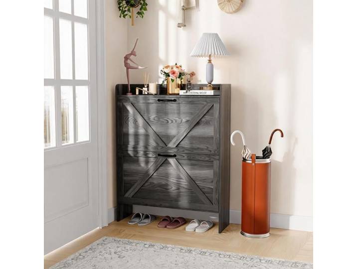 JoyGarden Armoire à chaussures étroite 2 tiroirs pivotants Noir rangement avec étagère réglable pour entrée couloir rustique