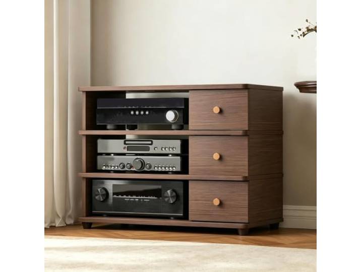 Audio-Schrank aus Holz, Massivholzständer Vibrationsdämpfung und Schubladen Massivholzkonstruktion, Mehrstufige Organisation, Kleine Räume, Besprechung
