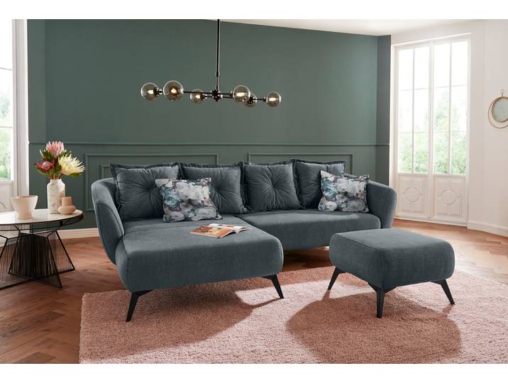 Ecksofa HOME AFFAIRE Baggio romantische Polsterecke, bequem, Breite 277 cm, L-Form , blau (ocean), B:277cm H:80cm T:162cm, Sofas, Ecksofa, Zierkissen inklusive, schwarze Metallfüsse