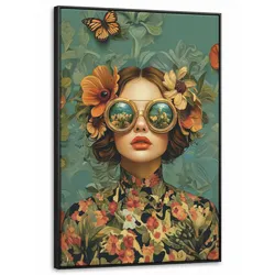 LEINWAND Bilder mit Rahmen - Frau - Blumen - Schmetterlinge - Natur - Vintage - 100x150