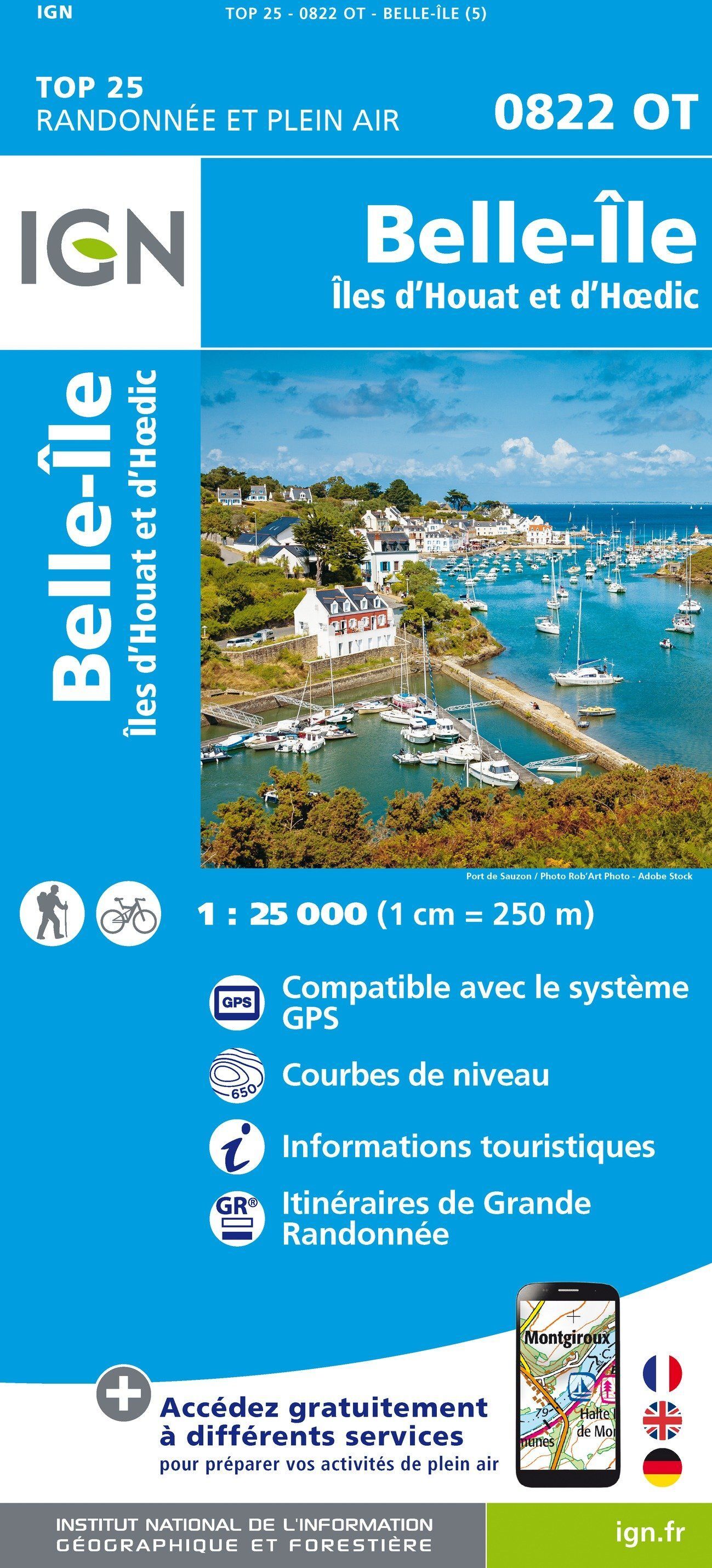 Carte de randonnée IGN TOP 25 n° 0822 OT - Belle-Ile, Ile d'Houat et d'Hoëdic