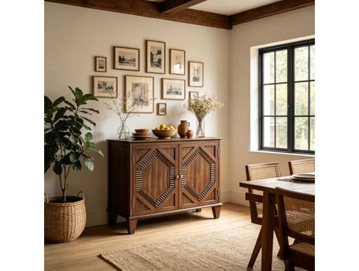 Vectis Sideboard mit Echtholzfurnier, reliefverzierte Doppeltüren & verstellbarem Einlegeboden für Eingang & Esszimmer (Walnussfarbe)