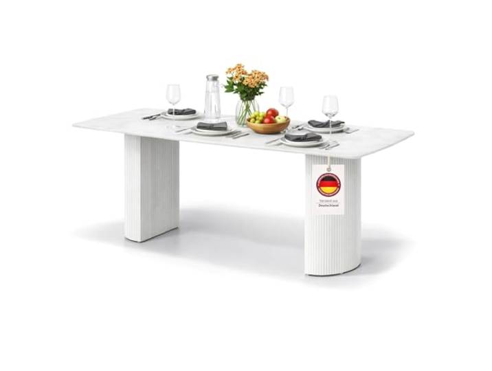 HOOZ Esstisch mit Keramikplatte in Travertin-Optik [Kratzfest & pflegeleicht], moderner Esszimmertisch 180×90 cm, Küchentisch mit hitzebeständiger Oberfläche, ideal für Wohnzimmer & Esszimmer Weiß