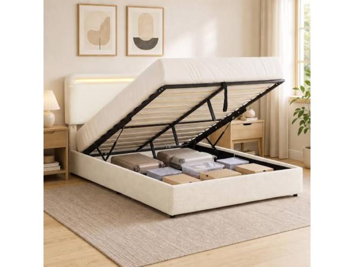 HOMCOM Polsterbett 140 x 190 cm mit LED-Beleuchtung, hydraulischem Stauraum und verstellbarem Kopfteil, Samtoptik, 12 Latten, geräuscharm, Creme