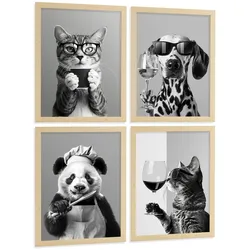 POSTER 4er Set Lustige Tiere mit Brille Wandbilder Katze Dalmatiner Panda Koch Schwarz Weiß Küche Deko Leichter Holzrahmen A3