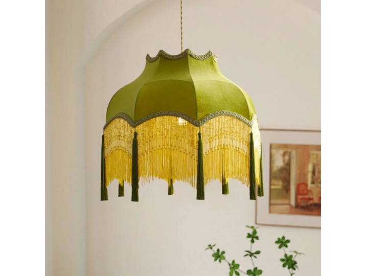 Lustre Suspendu Vintage Français de Luxe en Velours avec Pompons, Petit Chandelier pour Salle à Manger, Salon, Chambre, Bureau, Luminaire Suspendu en Tissu Vert