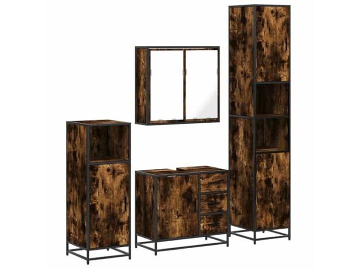 POUFGDR Badezimmermöbel-Set, 4-teilig, rauchfarbene Eiche, Holz Wand-WC-Schrank, Metallrahmen, Spüle, Utensilien, Wandbefestigung im Lieferumfang enthalten, industrieller Stil