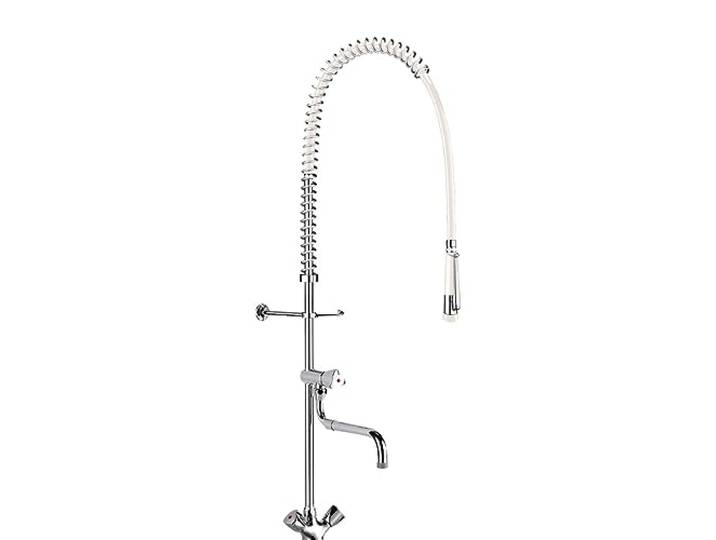 Delabie - Ensemble de prelavage avec melangeur monotrou et robinet de puisage a bec telescopique. flexible et douchette blancs