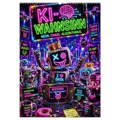 „KI-Chaos & Neon-Vibes“ – ein explosiv-bunter Kalender voller futuristischer Verrücktheit: Roboter, Glitch-Effekte & surreale Cyberpunk-Welten feiern