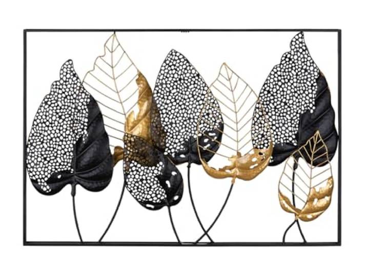 GILDE Deko Bild XXL Blätter - Metall Wanddekoration rechteckig - Dekoration Wohnzimmer - Farben: Schwarz Gold Silber - 95 x 65 cm