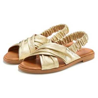 Sandale LASCANA "Sandalette, Sommerschuh, offener Schuh, Pantolette", Damen, Gr. 36, Schweinsleder, gold (goldfarben), Obermaterial: 100% Lammleder. Decksohle: 100% Rindsleder. Futter: 100% Schweinsleder. Laufsohle: 100% Synthetik, metallic,...