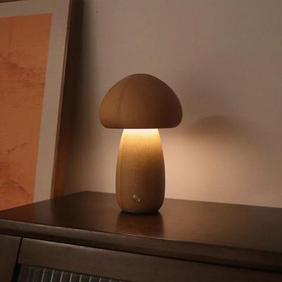Uplifted Finds Mushroom LED Dimmable Wooden Table Lamp Rechargeable Touch Bedside Night Light For Bedroom b beech