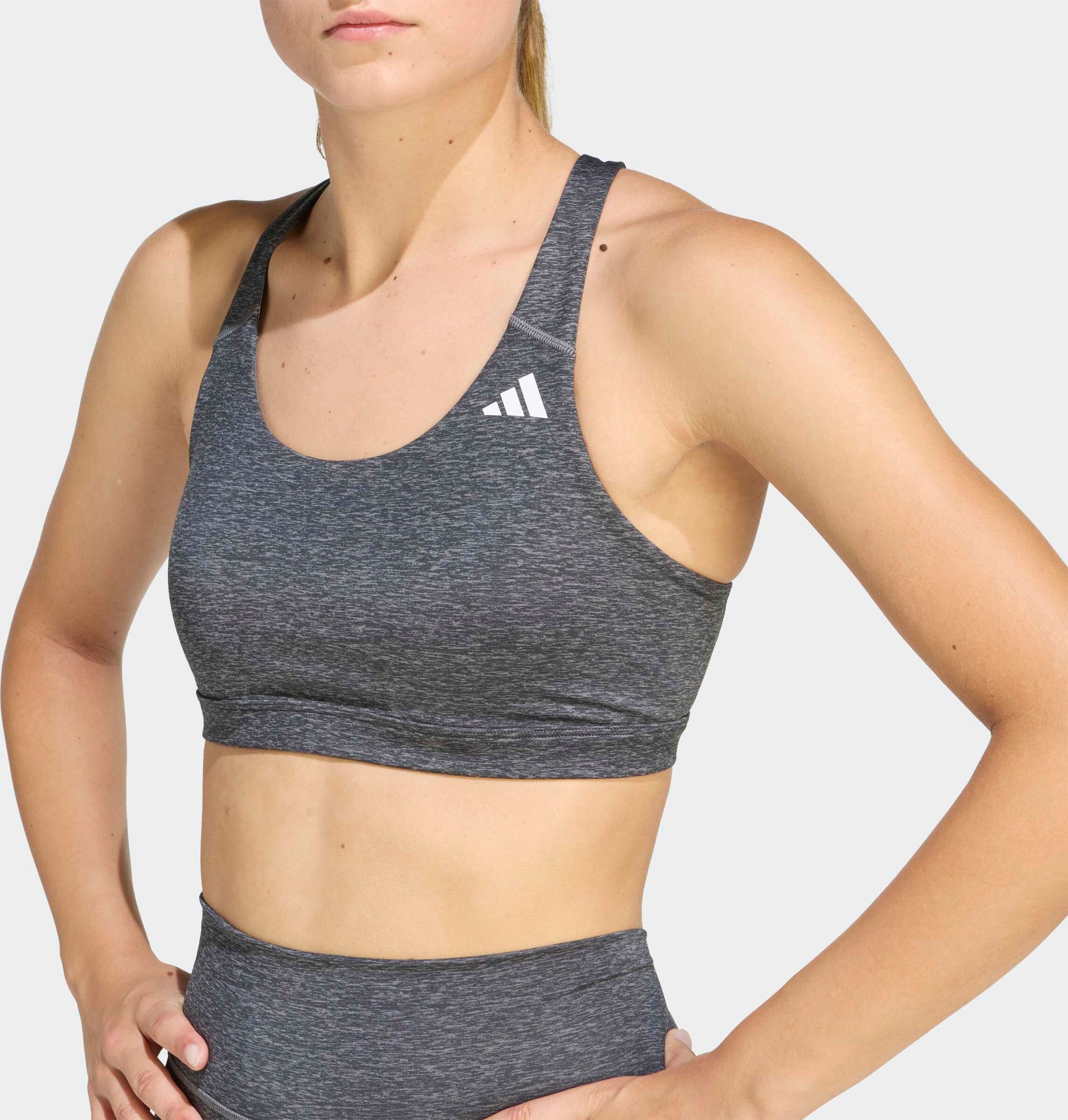 Sport-BH ADIDAS PERFORMANCE "OPTIME ESSENTIALS WORKOUT HEATHER MEDIUM SUPPORT SPORT-BH", Damen, Gr. XS, N-Gr, grau (grau four mel), Obermaterial: 85% Polyester, 15% Elasthan, BHs Sport-BH, ohne Bügel, mit climacool Technologie, aus Polyester grau four mel