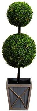 Nearly Natural 3' UV Resistant Double Ball Boxwood Topiary with Lights in Planter - Green