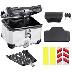 VEVOR Motorrad-Topcase Motorradkoffer 45 L Heckbox aus Aluminiumlegierung mit Lederfutter, abnehmbare Motorrad-Topbox mit Schloss & Rückenpolster, Helmkoffer (435 x 378 x 348 mm) Silber